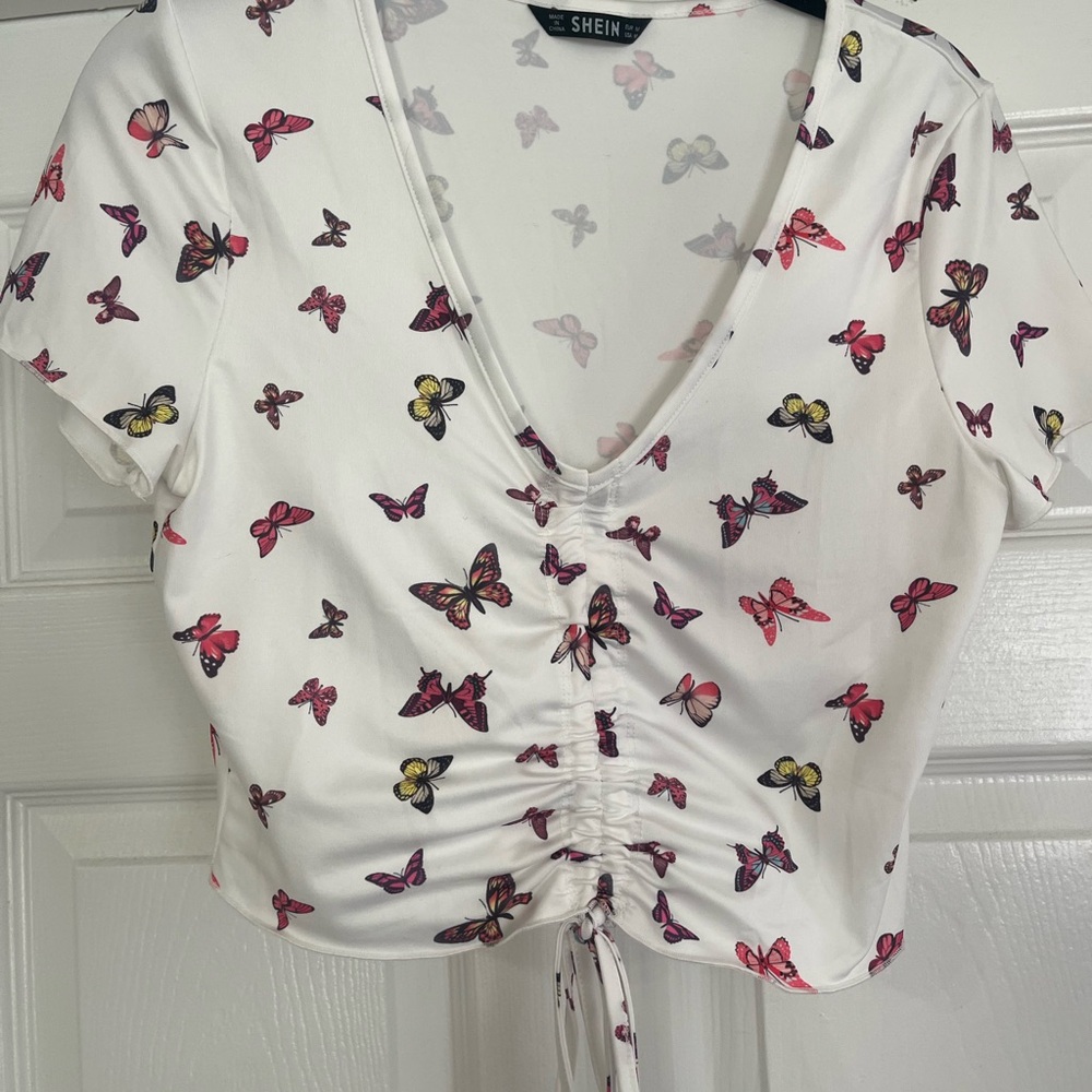 SHEIN White Top with Colorful Butterfly Print